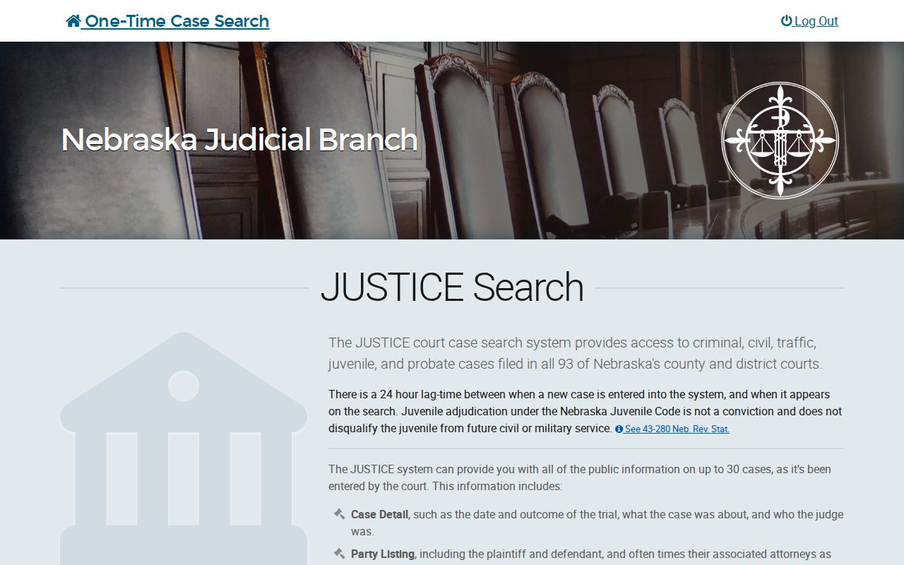 Polk County case lookup in the official Nebraska JUSTICE one-time search interface