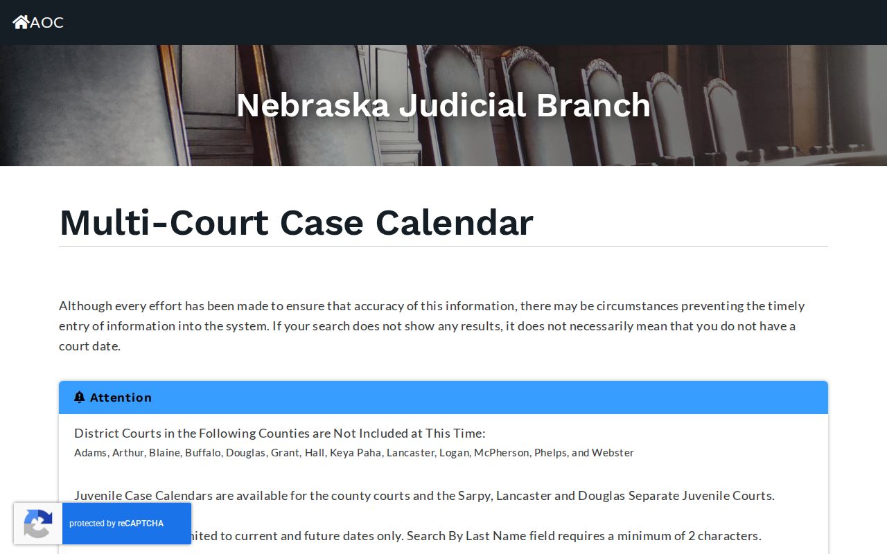Polk County court date search controls in the Nebraska Multi-Court Case Calendar