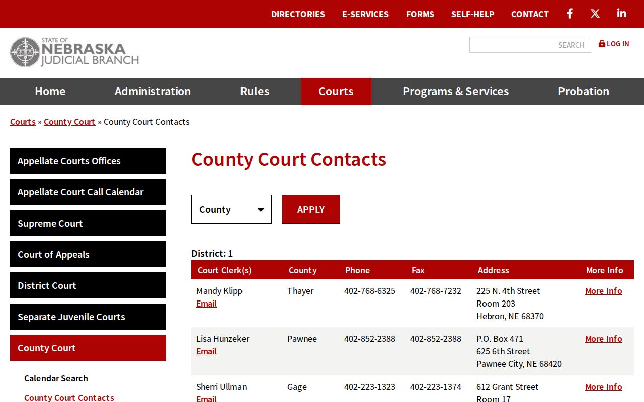 Polk County court date contact route from Nebraska County Court contacts