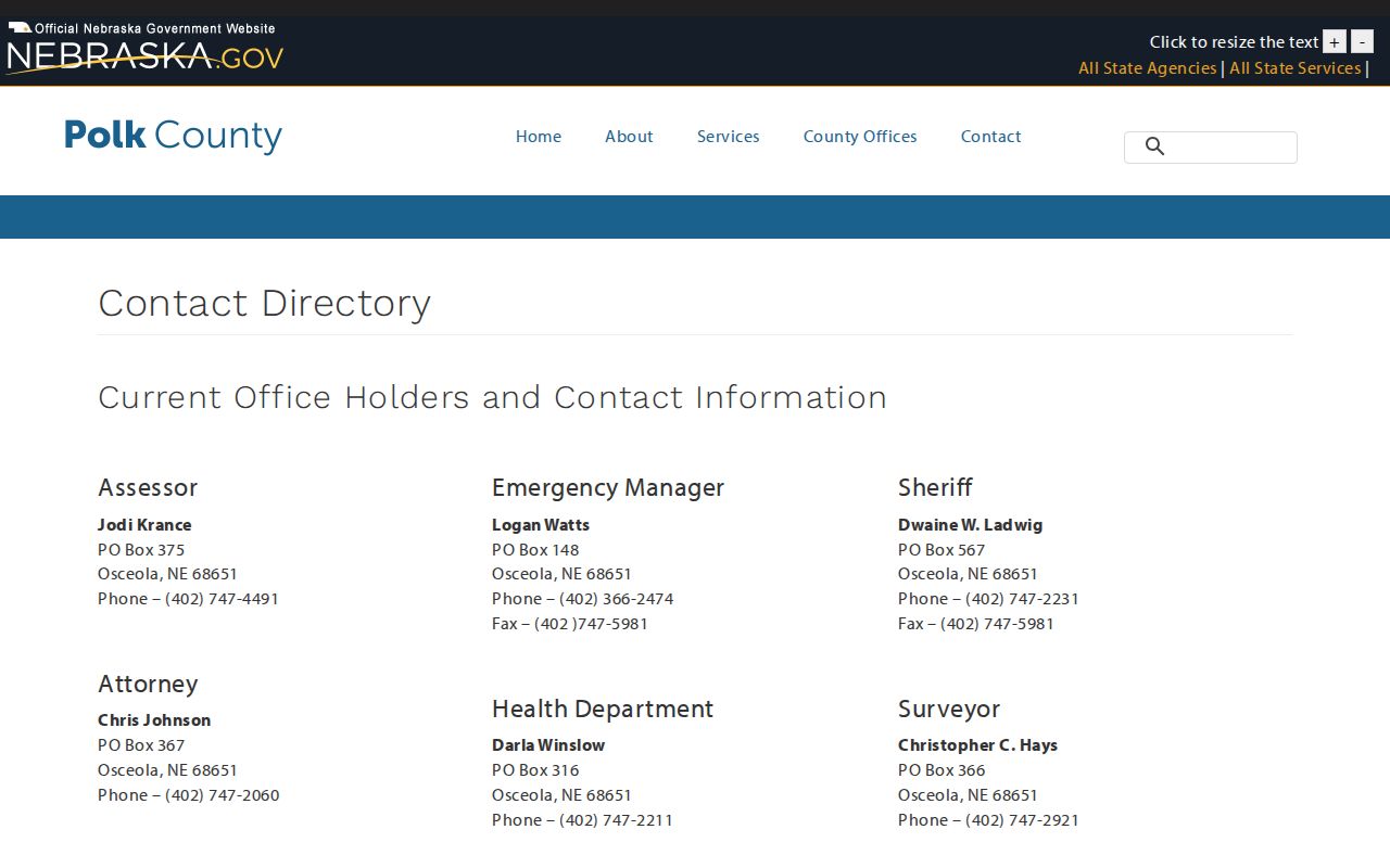 Polk County contact directory used for an Osceola court docket route