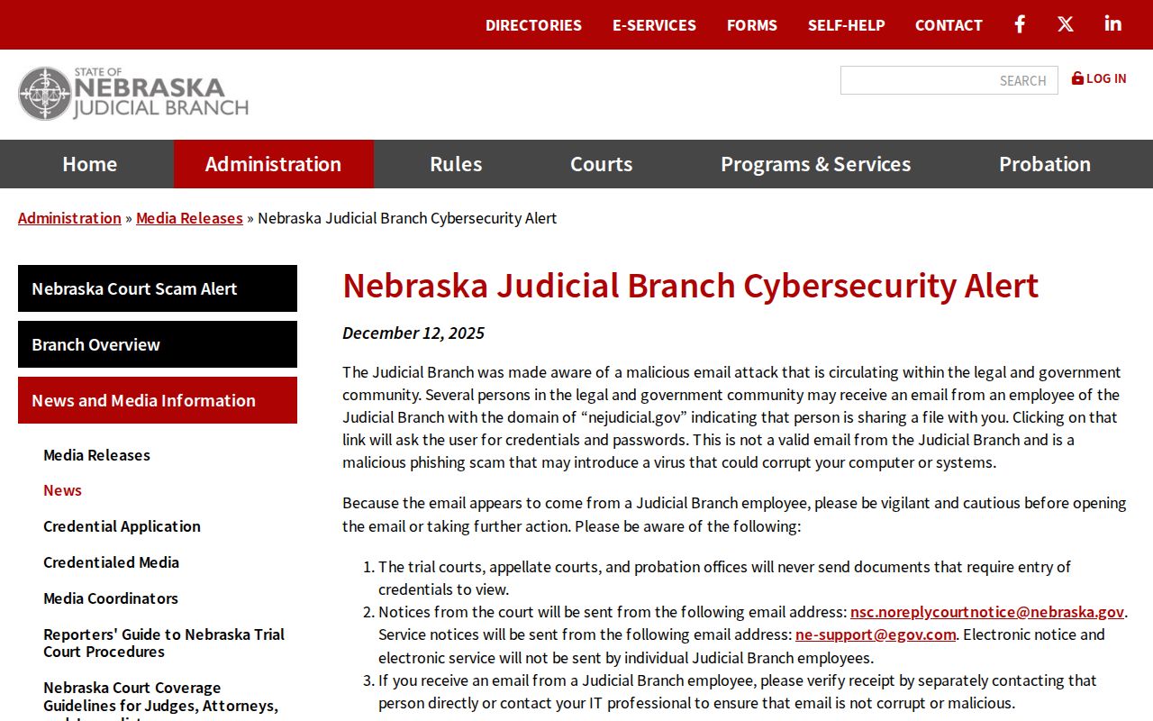 Nebraska cybersecurity alert for a Village of Polk court docket search